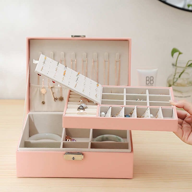 Body Jewelry Organizer - 1 ชิ้น Double Layer กล่องสําหรับบุรุษและสตรีขนาดใหญ่ความจุหนังกล่องเครื่องประดับฮาร์ดแวร์ Latch