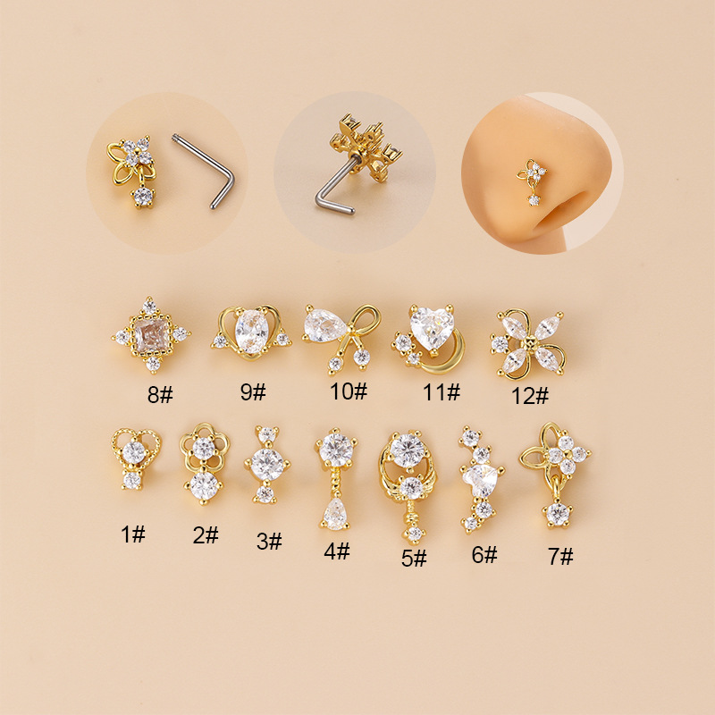 Body Jewelry Nose Studs - จิวเจาะจมูกทรงตัวแอลประดับเพชรคิวบิกเซอร์โคเนีย 20 กรัม ทำจากเหล็กกล้าไร้สนิม 316L สำหรับเจาะจมูก