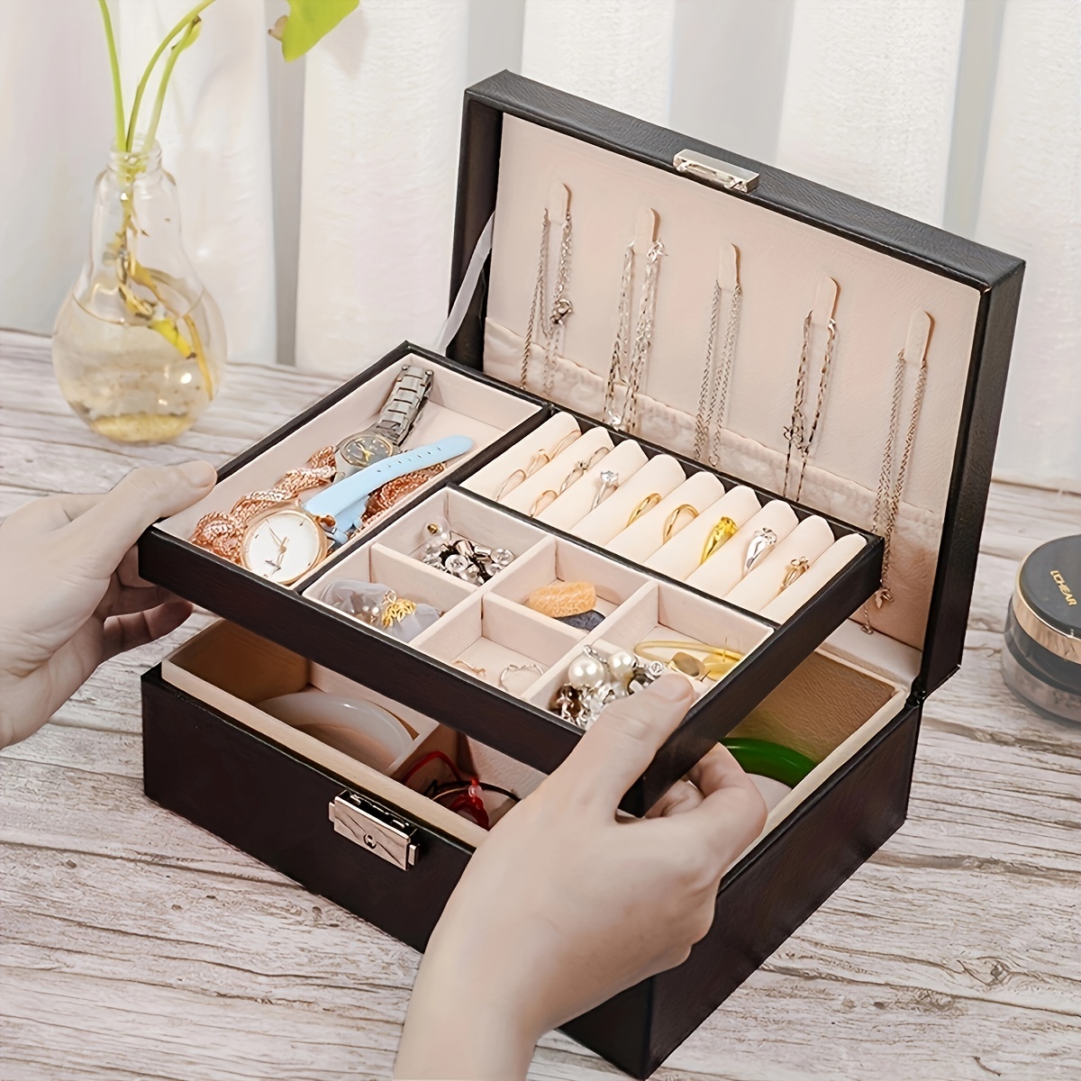 Body Jewelry Organizer - กล่องเก็บเครื่องประดับสองชั้นแบบเรียบง่ายพร้อมกุญแจล็อคสำหรับเก็บแหวนและสร้อยคอ พร้อมการตกแต่ง