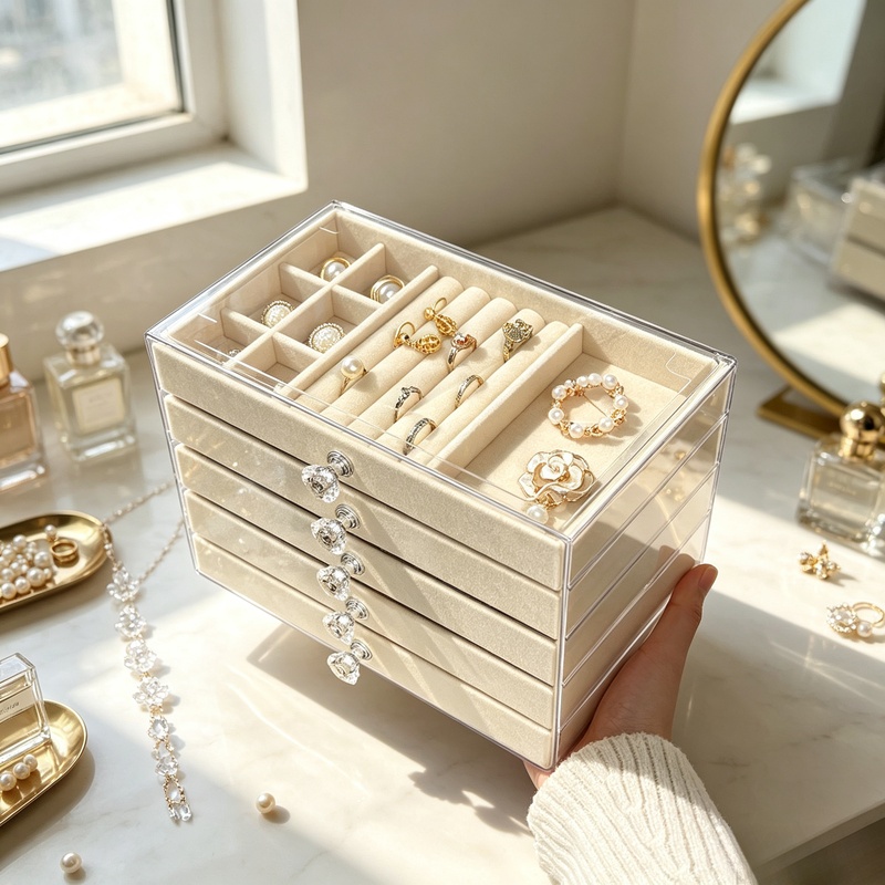Body Jewelry Organizer - กล่องใส่เครื่องประดับอะคริลิคกำมะหยี่ขนาดใหญ่ พร้อมลิ้นชักใสสำหรับจัดเก็บแหวน ต่างหู สร้อยคอ และกำไลข้อมือ