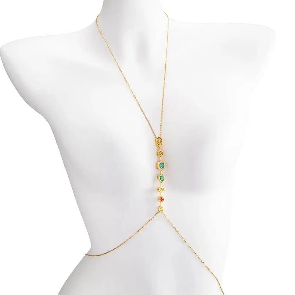 Body Jewelry Women - พูรุย สร้อยคอและสร้อยเอวสแตนเลสประดับเพทายหลากสีสัน สำหรับผู้หญิง ฤดูร้อน เซ็กซี่ ใส่กับบิกินี่