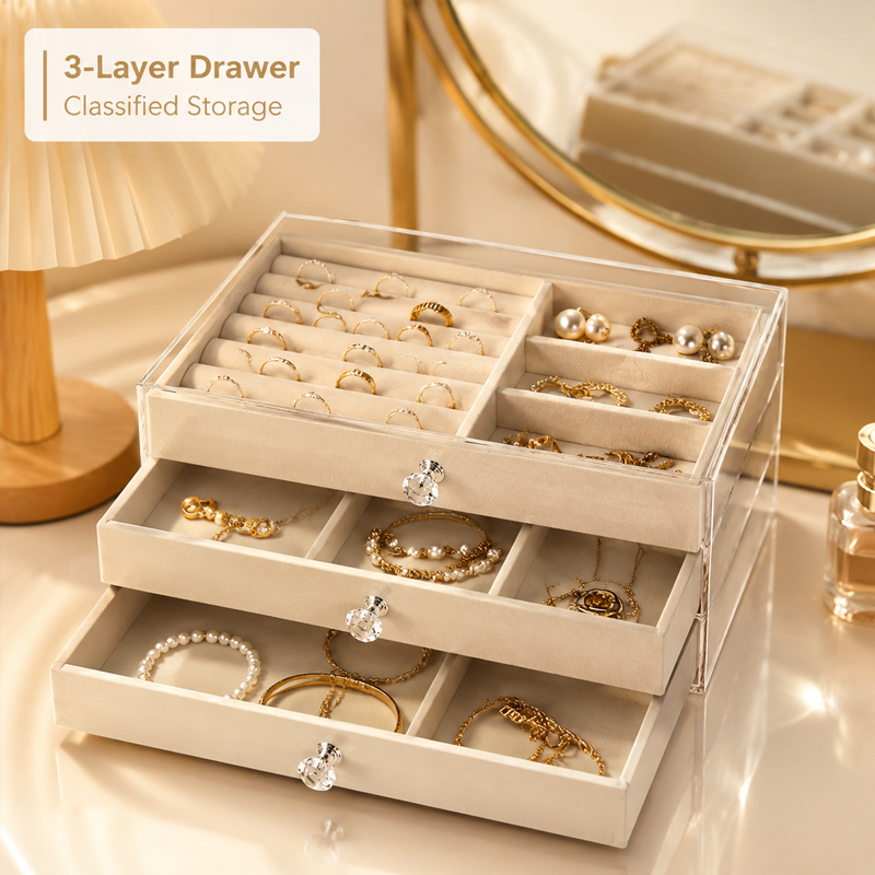 Body Jewelry Organizer - กล่องใส่เครื่องประดับอะคริลิกใส 3 ชั้น พร้อมลิ้นชักบุด้วยผ้า สำหรับเก็บแหวน ต่างหู