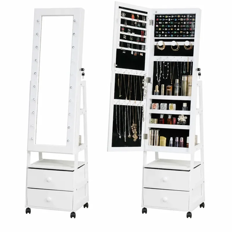 Body Jewelry Organizer - ตู้เก็บเครื่องประดับแบบกระจกเต็มตัวพร้อมไฟ LED ตู้เก็บของแบบมีกุญแจสำหรับห้องนอนและห้องแต่งตัว