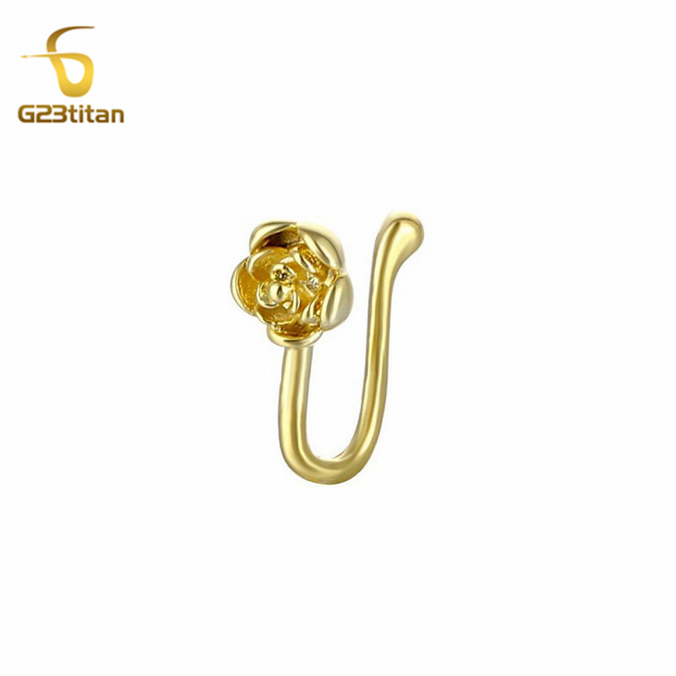 Body Jewelry Nose Studs - คลิปหนีบจมูกคริสตัลทองแดงรูปดอกกุหลาบ 1 ชิ้น แบบปลอม ไม่ต้องเจาะ สีทอง