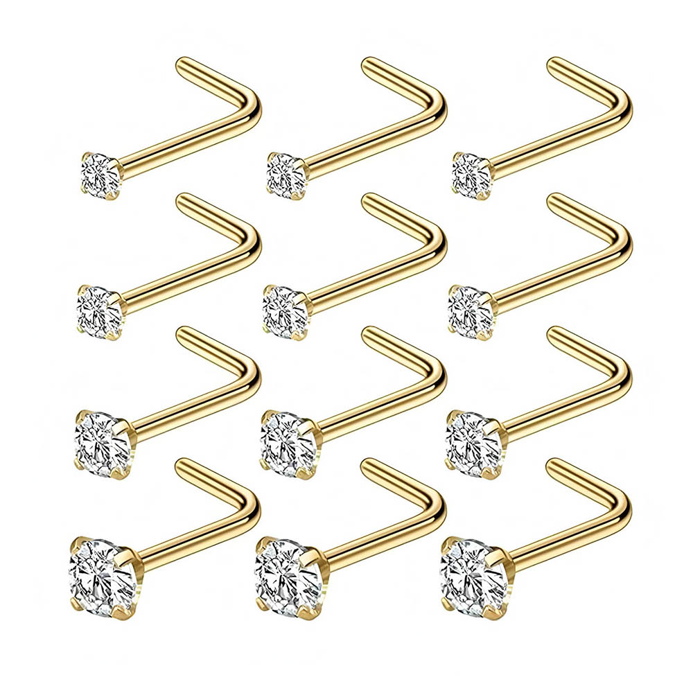 Body Jewelry Nose Studs - ชุดต่างหูเจาะจมูกแบบตัวแอล 12 ชิ้น ทำจากสแตนเลส 316L ป้องกันการแพ้