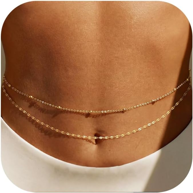 Body Jewelry Ends - โซ่คาดเอวชุบทอง 14K สำหรับผู้หญิง แบบหลายชั้น ประดับลูกปัดทอง สายคาดเอวแบบโซ่