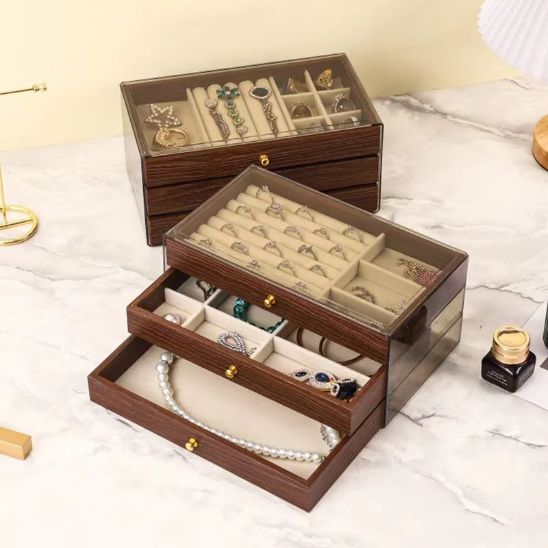 Body Jewelry Organizer - กล่องใส่เครื่องประดับไม้หลายชั้น มีหน้าต่างใส สำหรับเก็บแหวน สร้อยคอ กำไล ต่างหู