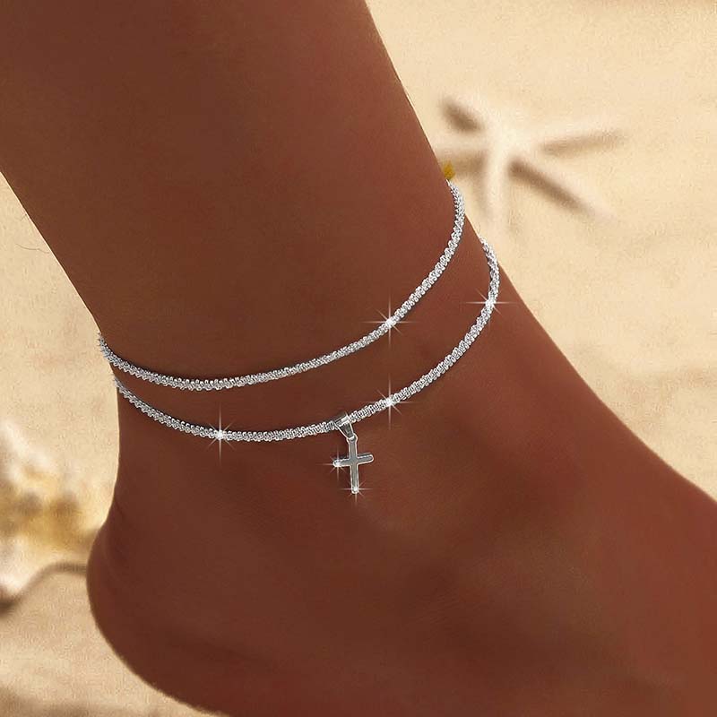 สร้อยข้อเท้าแวววาวสองชั้นสีเงิ - Body Jewelry Leg Chain บทวิจารณ์และราคา