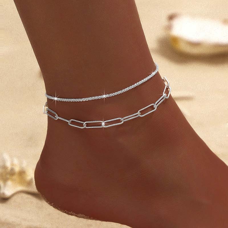สร้อยข้อเท้าแวววาวสองชั้นสีเงิ - Body Jewelry Leg Chain บทวิจารณ์และราคา