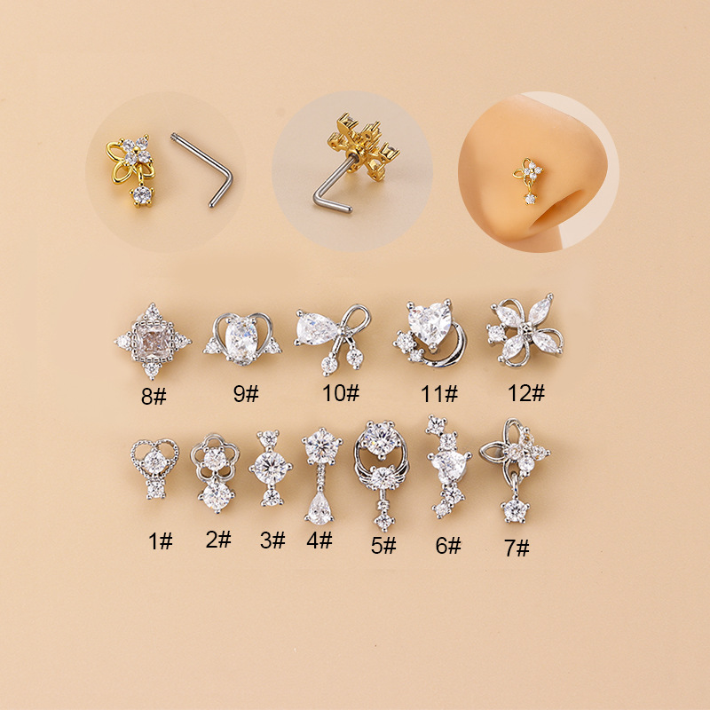 จิวเจาะจมูกทรงตัวแอลประดับเพชร - Body Jewelry Nose Studs บทวิจารณ์และราคา